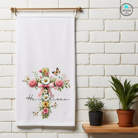 He is Risen Floral Cross Tea Towel