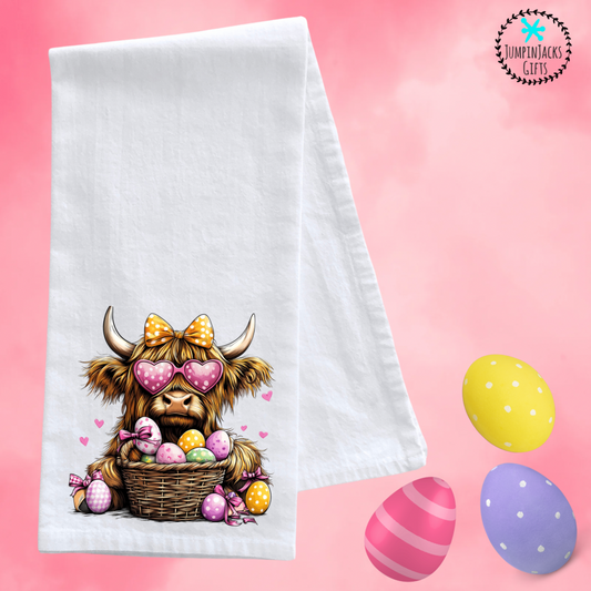 Highland Cow Easter Bunny Tea Towel