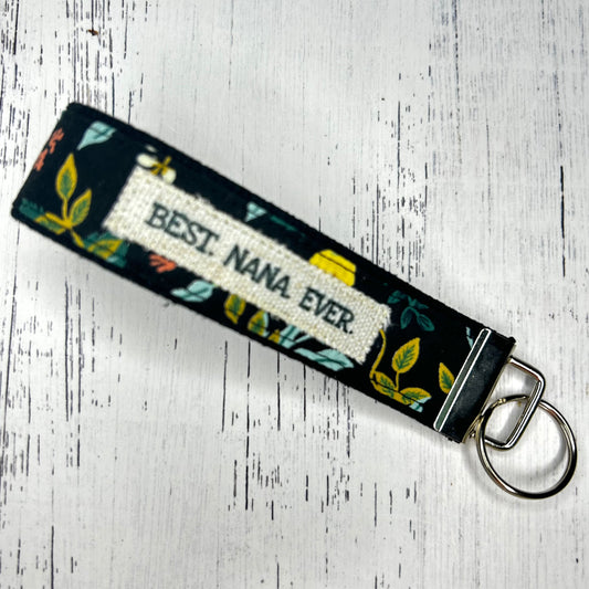 Best. Nana. Ever_Wristlet Key Fob_Black Floral Rifle Paper Co Fabric