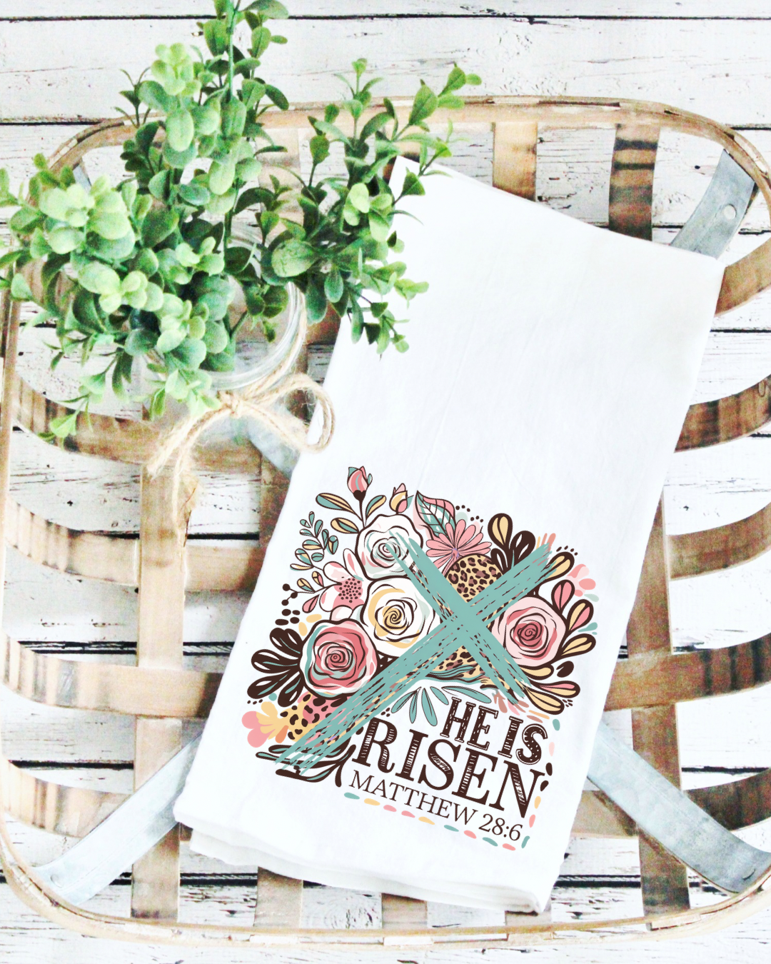 Teal Floral He is Risen Easter Tea Towel