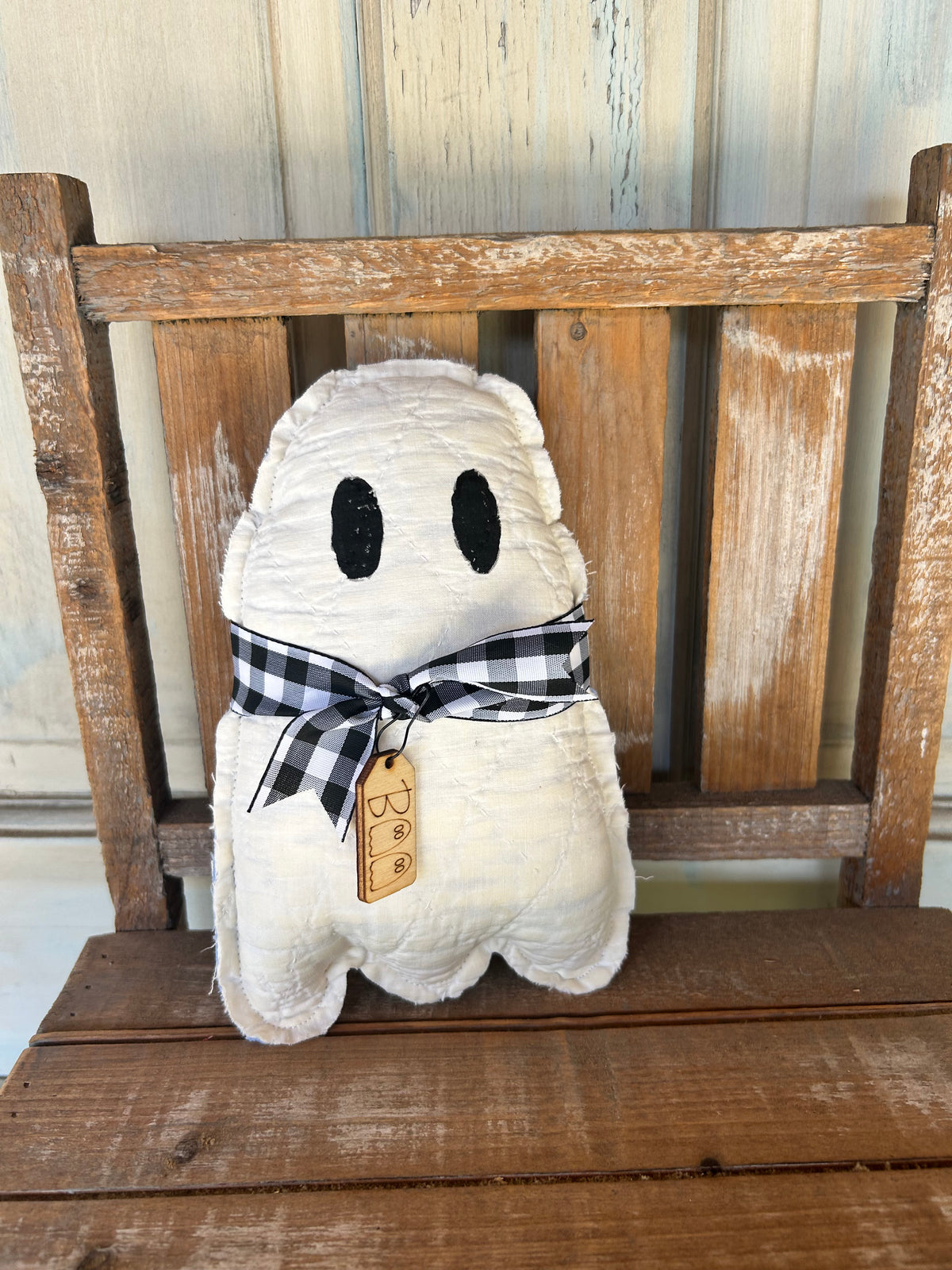 Vintage Quilt Ghost Stuffed Character with Tie and Wooden Boo Tag