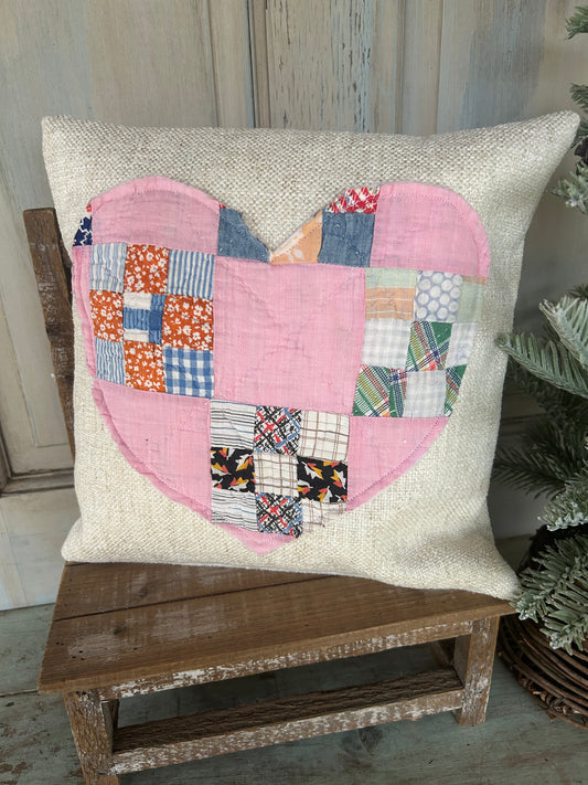Vintage Quilt Heart Appliquéd Pillow for Valentine’s Day