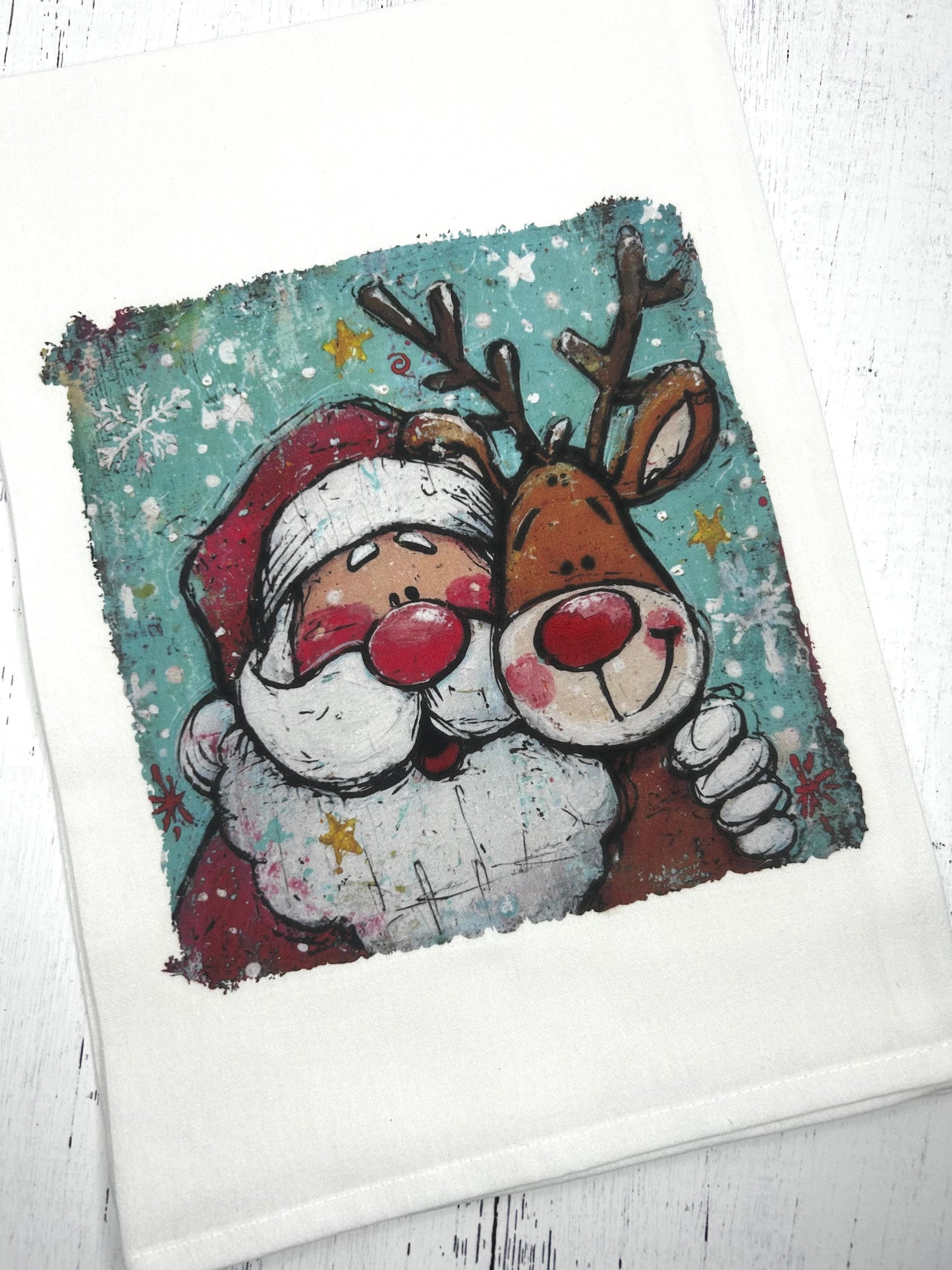 Santa & Reindeer Christmas Tea Towel