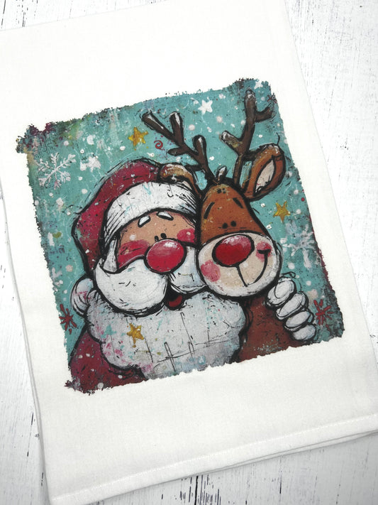 Santa & Reindeer Christmas Tea Towel