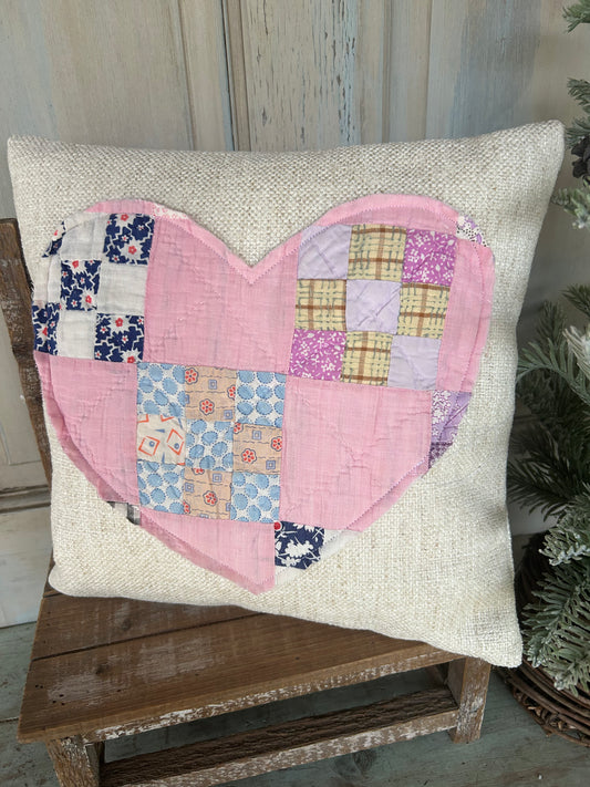 Vintage Quilt Heart Appliquéd Pillow for Valentine’s Day