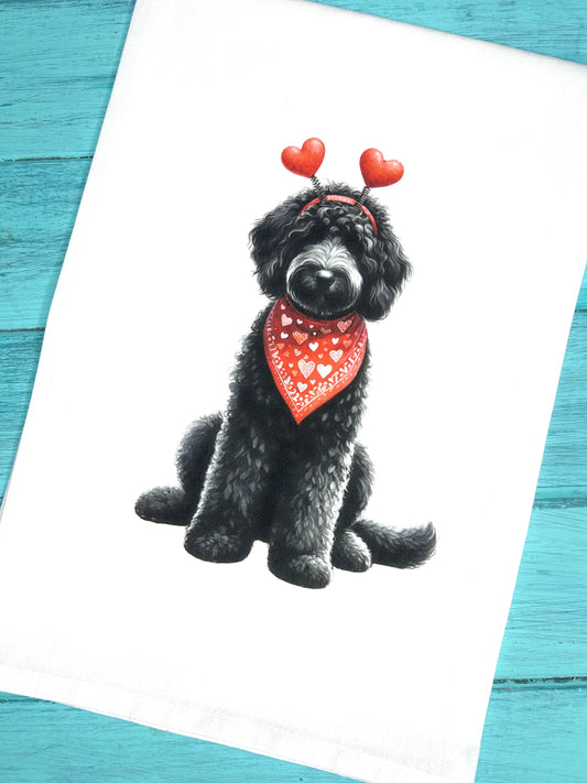 Black Labradoodle Valentine’s Day Tea Towel