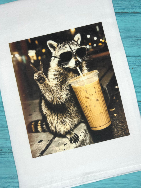 Raccoon Drinking Iced Coffee Tea Towel