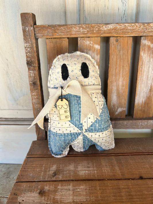 Vintage Quilt Ghost Stuffed Character with Tie and Wooden Boo Tag